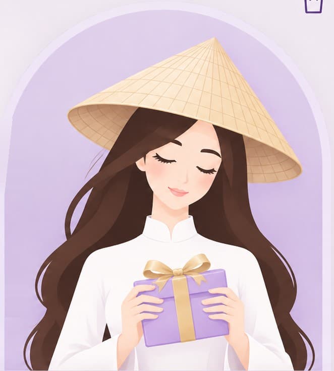 Hình vẽ cô gái mặc áo dài trắng, đội nón lá, ôm hộp quà tím